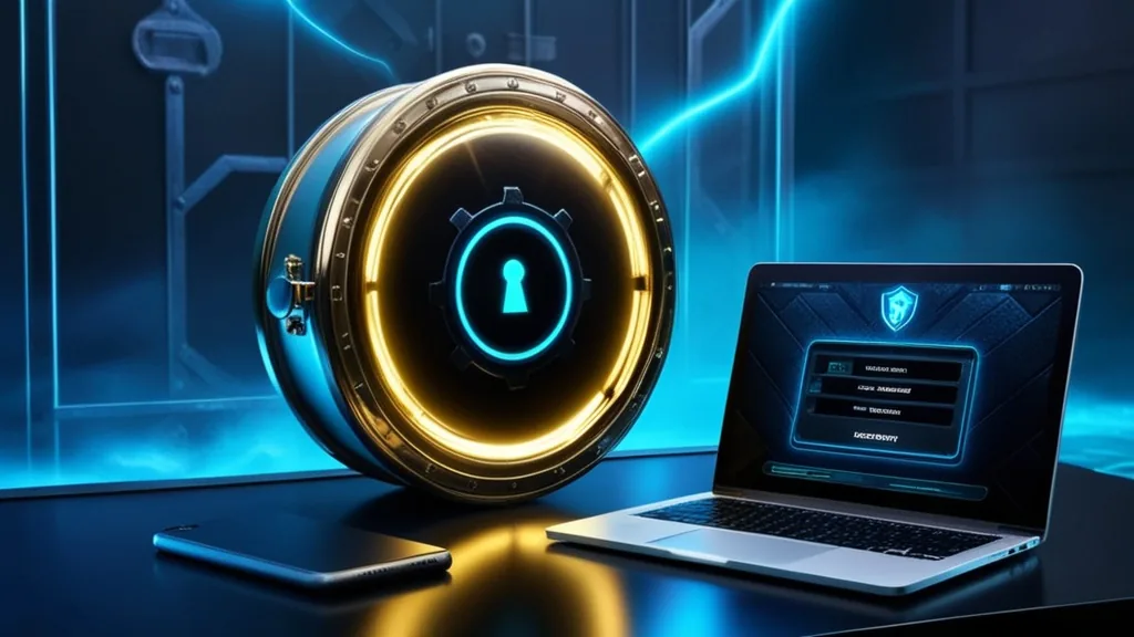 Secure password shield beside a phone and notebook in a dark casino setting