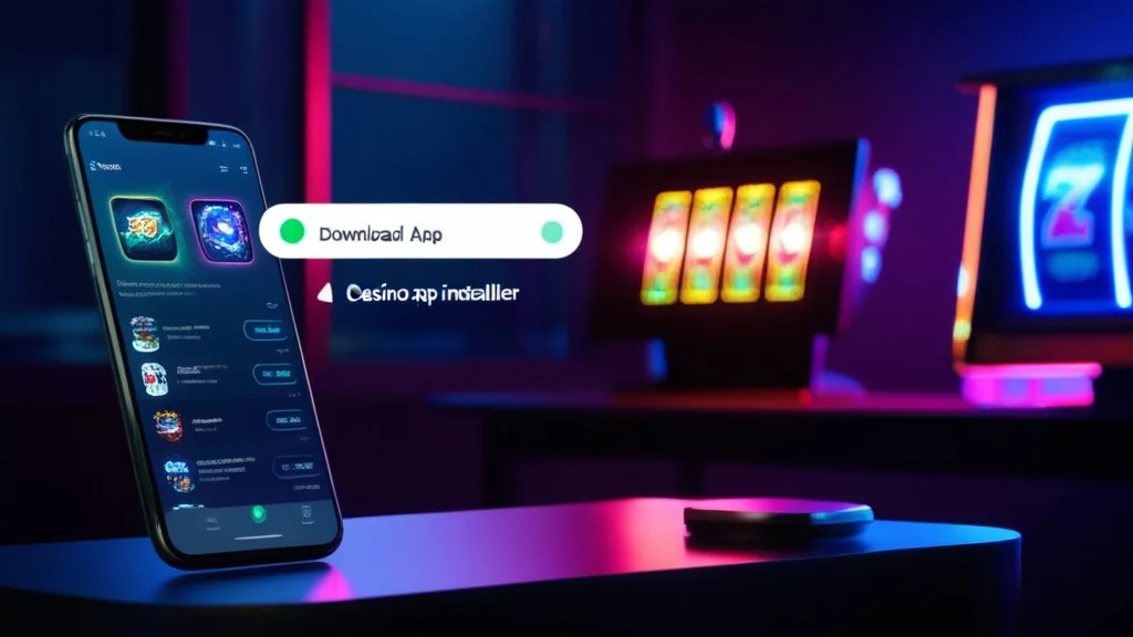 Android download screen beside a glowing casino app icon in a dark room