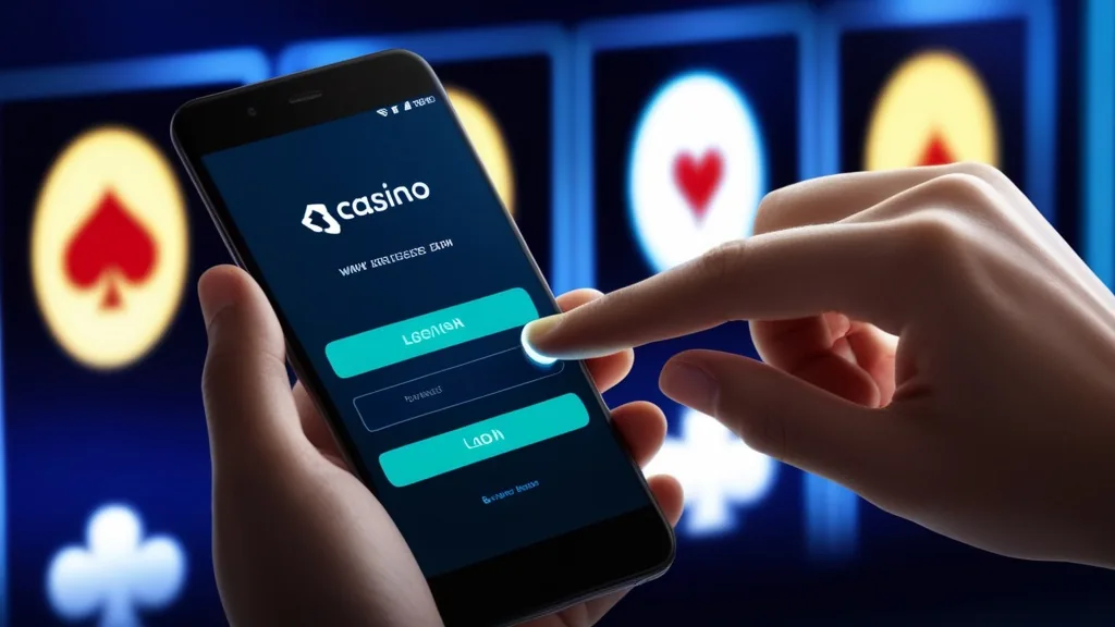 Person logging into a casino app on an Android phone in a dark neon setting