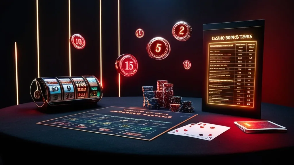 Casino table with wagering numbers, cards, and a bonus rules sheet