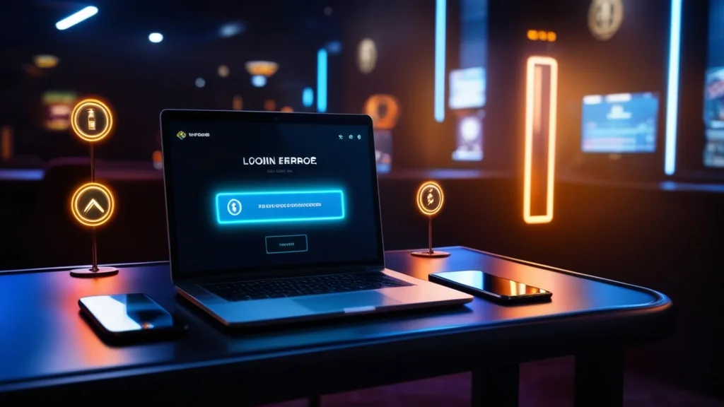 Laptop screen with login errors in a dark neon casino office