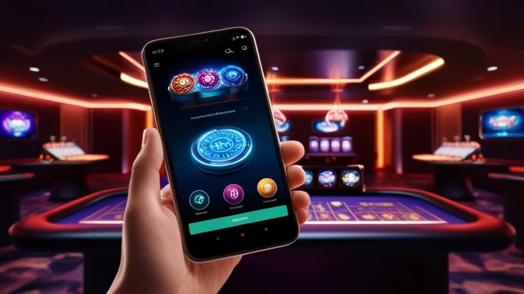Mobile casino app lobby with game categories on a smartphone in a neon-lit room