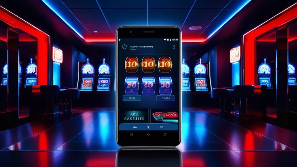 Android phone displaying a casino app lobby in a dark neon setting