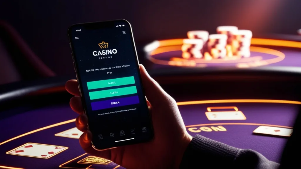 Smartphone displaying a mobile casino login form in a dark neon-lit setting