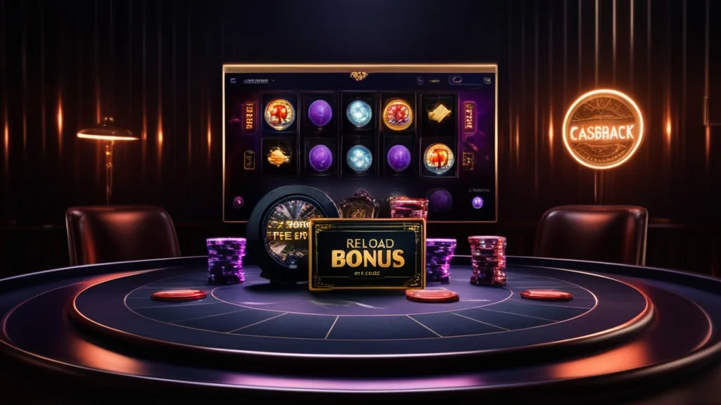 Free spins reels and bonus chips on a dark casino table