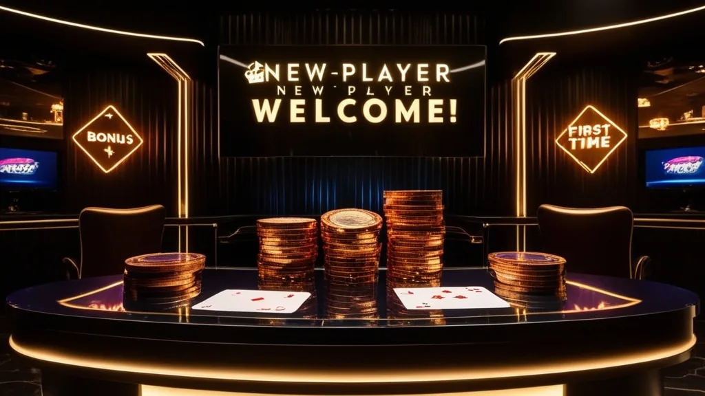 Dark casino welcome desk with bonus chips and playing cards