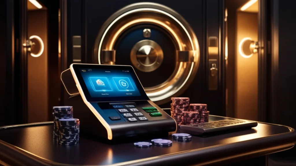 Casino cashier desk with payment screens and banking icons in a dark setting