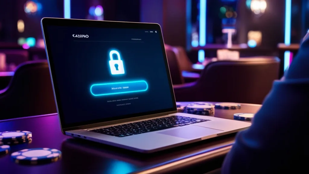 Laptop showing a secure casino login form in a dark neon-lit lounge