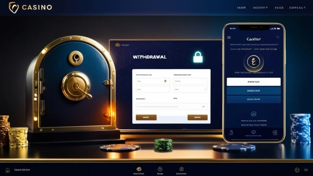 Withdrawal form on a casino cashier screen beside a secure vault